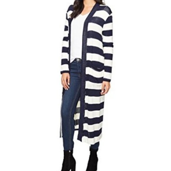 Splendid Sweaters - Splendid navy rugby striped long cardigan duster S
